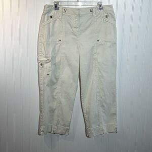 Jones New York Cropped Cargo Pants Women’s 12 Cream Ribbed Snap Pockets Coastal